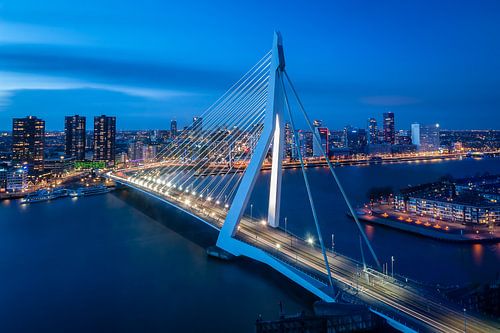 Rotterdam: Erasmus brug en de skyline in het blauwe uur 