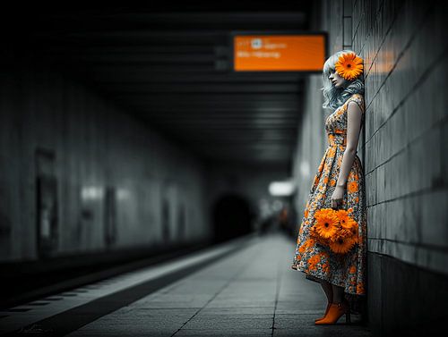 Waiting in Bloom - Portrait de mode surréaliste aux accents orange sur Karina Brouwer