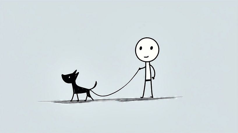 Stick figure with a small dog on a lead by Frank Heinz