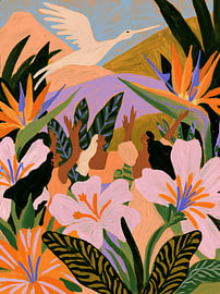 A moment of joy amidst a sea of flowers – a tropical illustration featuring a bird by Marco Müller-Vo