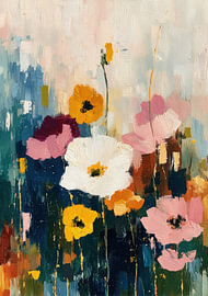 Tableau floral abstrait représentant des coquelicots blancs, roses et jaunes sur Niklas Maximilian