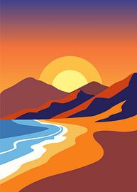 Minimalist nature Flat vector illustration of a scenic mountain sunset.