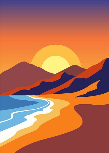 Minimalistische, vlakke vectorillustratie van een schilderachtige zonsondergang in de bergen.