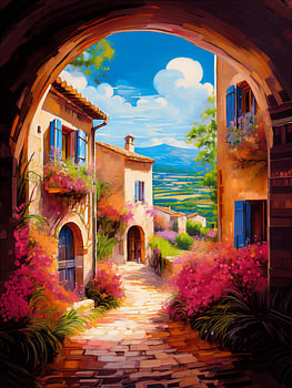 Sonniges mediterranes Dorfbild mit blühenden Oleandern