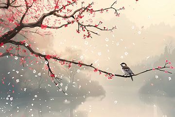 picturesque Japan blossom branch with bird by Egon Zitter