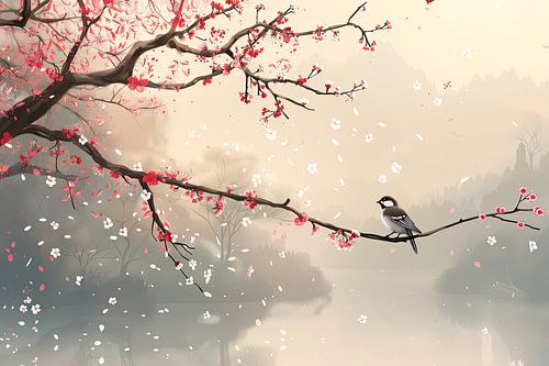 schilderachtig Japan  bloesemtak met vogel