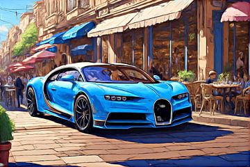 Une Bugatti devant un restaurant français