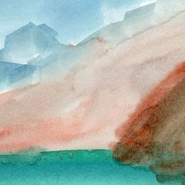 Paysage moderne abstrait à l'aquarelle en turquoise, bleu, marron no. 3 sur Dina Dankers