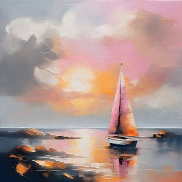 Zeilboot op zee tussen rotsen in roze oranje en grijs van Emiel de Lange
