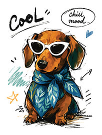 Teckel « Cool Chill Mood » avec des lunettes de soleil – Illustration de chien dessinée à la main