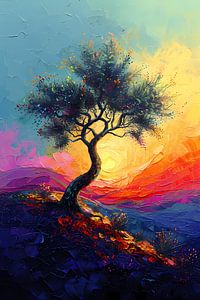 Bunter Baum in Landschaft bei Sonnenuntergang