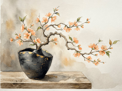 Sfeervolle Ikebana Aquarel met Perzikbloesem en Gouden Details