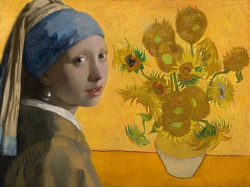Meisje met de parel - zonnebloemen Vincent van Gogh van Digital Art Studio