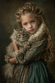 Fille avec un chat - Portrait délicat dans les tons verts et crème sur Dessins et peintures de Peter Pen