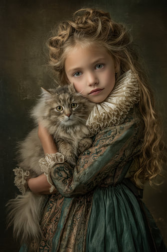 Girl with a Cat – A Delicate Portrait in Green and Cream