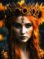 Sunflower-crowned queen with auburn hair
