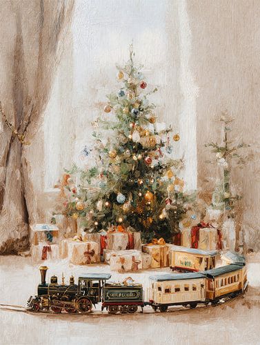 Arbre de Noël vintage avec train miniature et cadeaux dans un style de peinture chaleureuse
