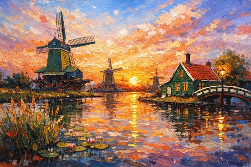 Painting of Zaanse Schans, Zaandam, in the Netherlands.