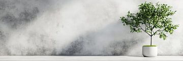 Bonsai in white pot against light wall with textured panorama by Digitale Schilderijen