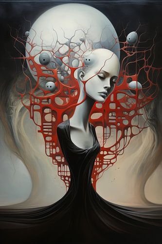 Digitaal creëerde bizarre surrealistische wereld met vrouw en landschap