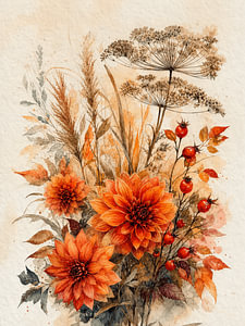 Herbstblumen und Riesen-Bärenklau in warmem Orange