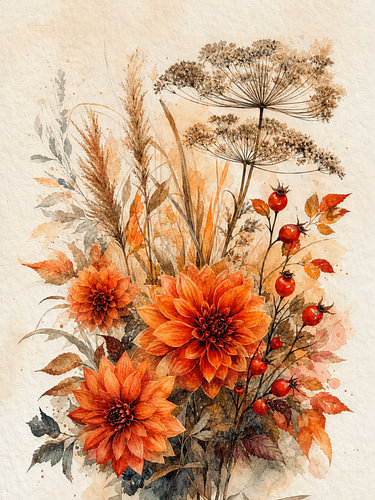 Herbstblumen und Riesen-Bärenklau in warmem Orange