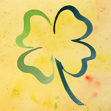 Trèfle à quatre feuilles minimaliste sur fond jaune (peinture aquarelle abstraite fleurs plantes 4)