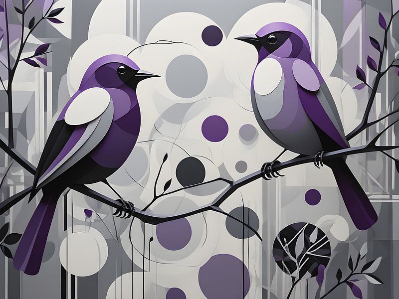 Harmonious bird composition in purple and grey by Bart Veeken