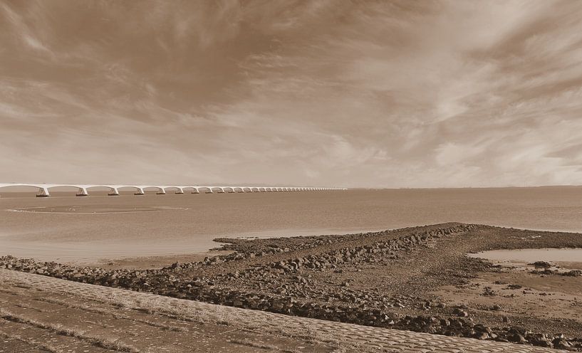 Zeeland bridge in the landscape in sepia by Jose Lok
