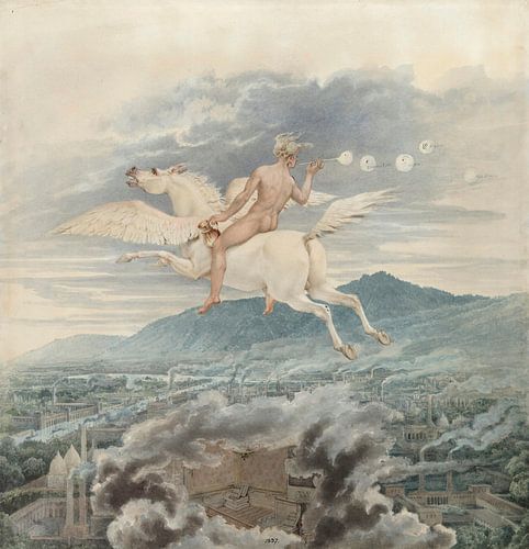 Pegasusrijdende vrouwenfiguur boven een industriestad, Karl Friedrich Schinkel
