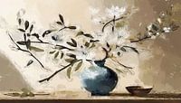 a blue vase with blossom branches japandi style. by J.a Dijkstra thumbnail