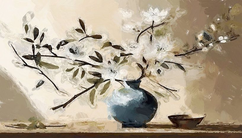a blue vase with blossom branches japandi style. by J.a Dijkstra