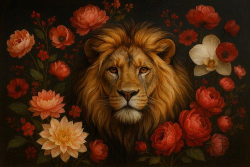 Lion avec des fleurs - royal nature art