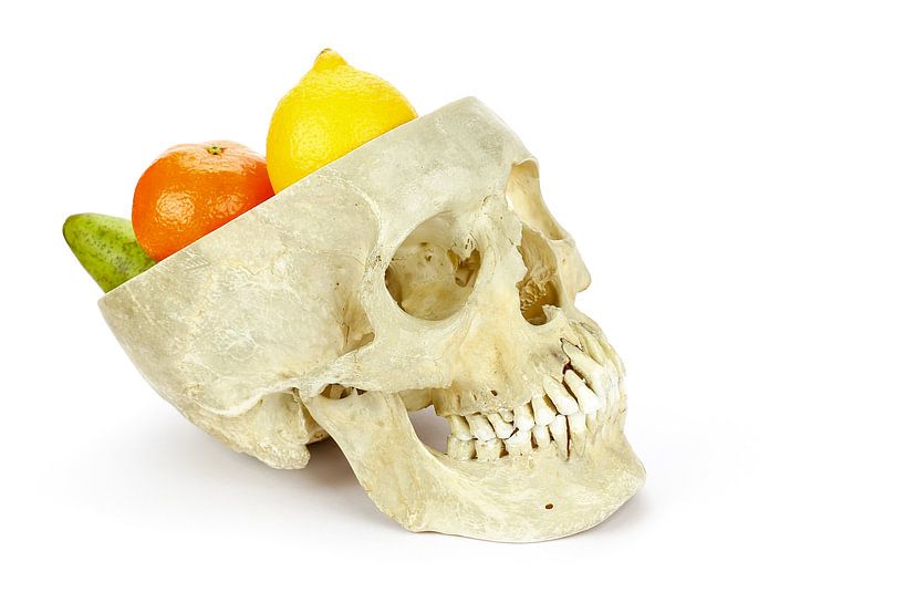 Human skull as fruit scale by Ben Schonewille