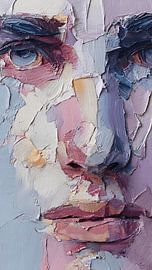 Ein fragmentiertes Gesicht, das in abstrakten Schichten schwebt – eine surrealistische moderne Kunstkomposition von Aden Pink Studio