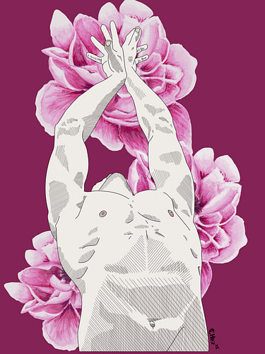 Pink Awakening – Mannelijke torso | Lijntekening met bloemen in aquarel | Mannelijke kunst