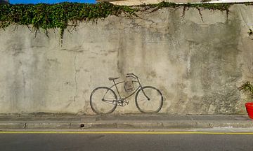 fiets op muur getekend van Jolanda Post