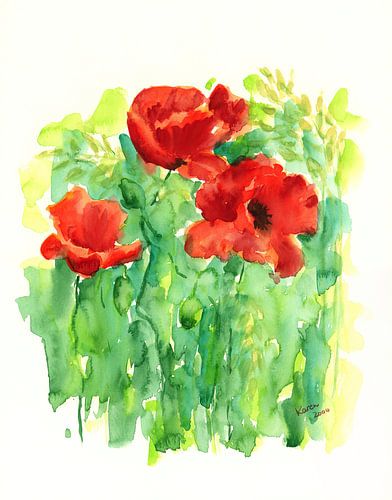 Prairie d'été avec coquelicots Peinture à l'aquarelle
