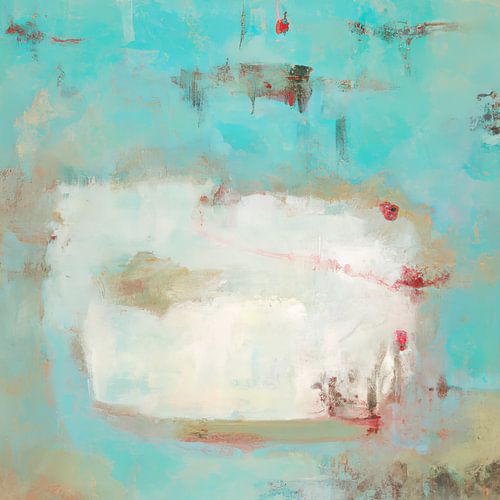 Abstraktes Gemälde in hauptsächlich Weiß und Hellblau