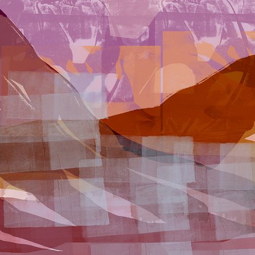 Paysage abstrait moderne dans les tons violet, terra et corail.