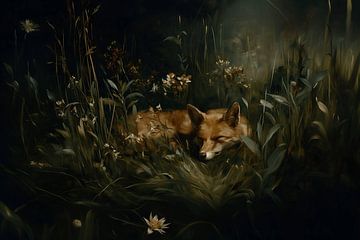 Schlafender Fuchs im nächtlichen Wiesengras