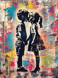 Le premier baiser | Street Art Graffiti dans le style Banksy sur Frank Daske | Foto & Design