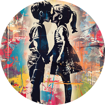 De eerste kus | Street art graffiti in Banksy stijl van Frank Daske | Foto & Design