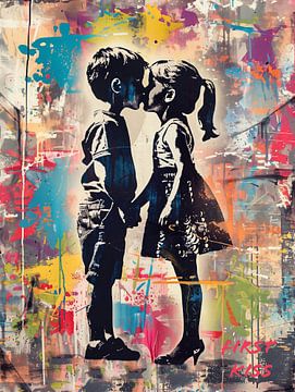 De eerste kus | Street art graffiti in Banksy stijl van Frank Daske | Foto & Design