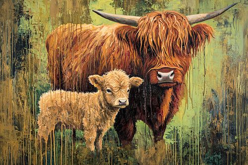 Schotse hooglander en kalf schilderij