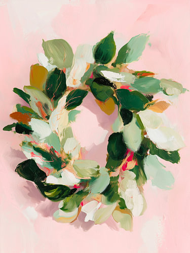Green Wreath on Blush Pink – Modern Christmas Art