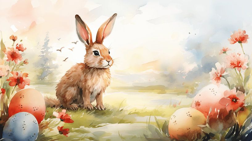 Lapin de Pâques sur une prairie printanière en design aquarelle par Animaflora PicsStock