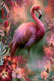 Flamant rose et fleurs tropicales