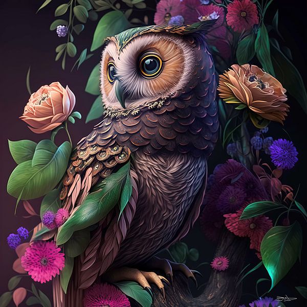 owl with flowers by Gelissen Artworks