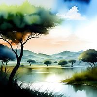 Landschap bomen, bergen en water in Afrika